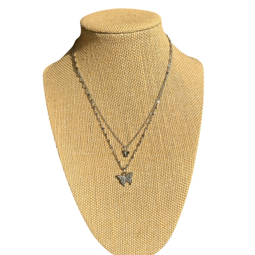Silver Double Strand Butterfly Necklace